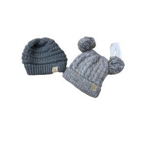 Set of 2 CC kids stocking hats beanie ears pom pom knitted gray tan